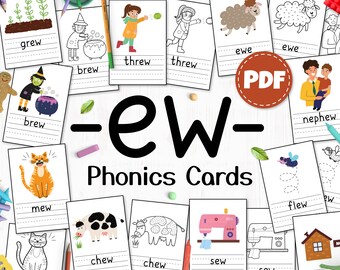 Karty dźwiękowe Ew Phonics, -Ew- Digraph do wydrukowania, Gry fonetyczne, Mini książka z zasadami pisowni, Zadania domowe z fonetyki