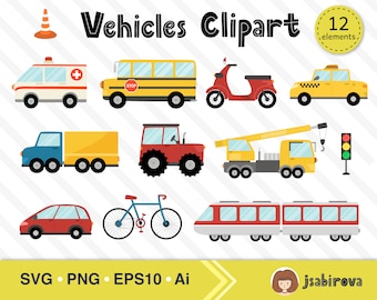 Clipart Vehicles Png, Eps10 - Car Clipart, Transport Truck Train Bicycle Taxi Tractor Autobus Traffic Light Ambulance, Instant download