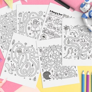 Printable Maze Labyrinth PDF, Coloring Pages for Kids, Busy Book, Quiet Book, Puzzle Game with cute Dinos, Activity for Toddlers