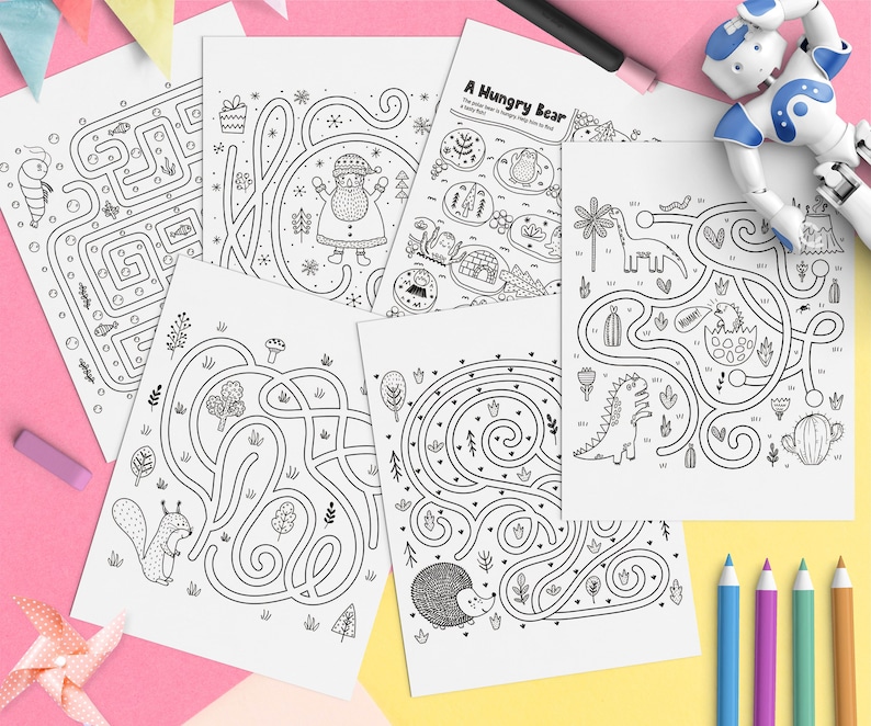 May include: A set of six black and white printable maze activity sheets featuring various animal characters, including a squirrel, hedgehog, dinosaur, Santa Claus, and a bear. The mazes are designed for children to follow the path and help the animal reach its destination.