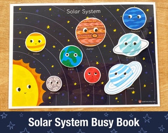Zonnestelsel drukke boekenpagina, zonnestelsel matching werkblad voor peuters, leren planeet ruimte binder pagina rustig boek thuis afdrukbaar spel