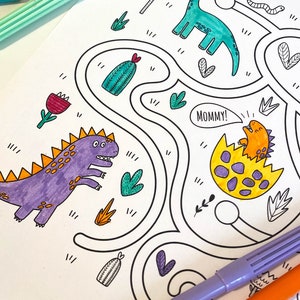 May include: A black and white maze with a purple dinosaur, an orange dinosaur, and a cactus. The text "MOMMY!" is written in a speech bubble.