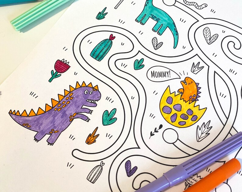 May include: A black and white maze with a purple dinosaur, an orange dinosaur, and a cactus. The text "MOMMY!" is written in a speech bubble.