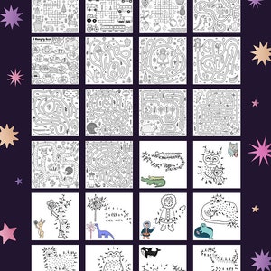May include: A collection of 78 printable activity pages for kids featuring various themes such as animals, vehicles, fruits, and holidays. The pages include mazes, connect-the-dots, and crossword puzzles.