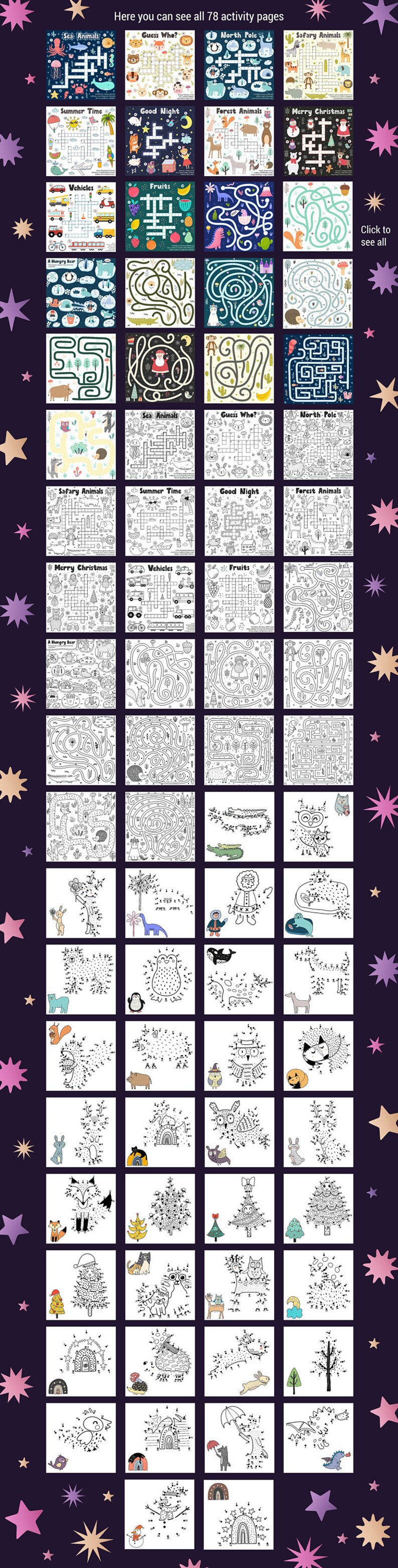 May include: A collection of 78 printable activity pages for kids featuring various themes such as animals, vehicles, fruits, and holidays. The pages include mazes, connect-the-dots, and crossword puzzles.