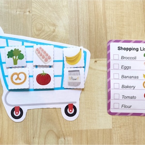 May include: A blue shopping cart with various grocery items, including broccoli, eggs, bananas, pretzels, tomatoes, and flour. A pink checklist with the same items is on the right side of the image. The checklist has checkboxes next to each item.