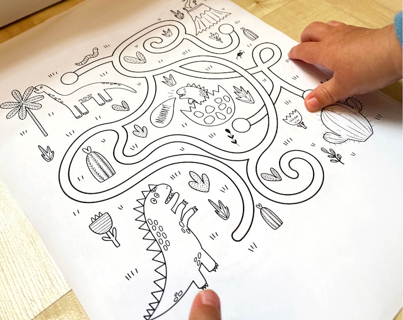 May include: A black and white printable maze activity featuring a dinosaur theme. The maze includes a dinosaur, a cactus, and the word "Mommy!"