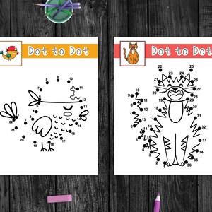 Op de afbeelding: Twee zwart-witte verbind-de-stippen-activiteitsbladen. Het eerste blad toont een vogel met een piratenhoed. Het tweede blad toont een kat met een wijd open mond.