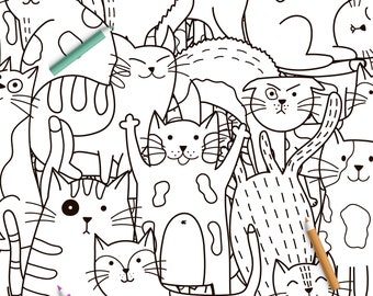 Coloring Book Page with Cats, Printable Coloring Page for Adults and Kids, Doodle Cats Coloring Book Page Pdf, Animals Pattern for Coloring