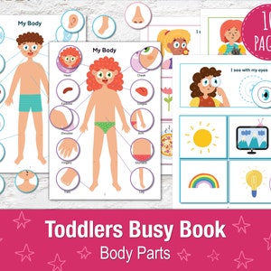 May include: A printable 10-page toddler busy book with colorful illustrations of body parts. The book includes pages with a boy and girl, each with labeled body parts, and a page with a girl looking through a magnifying glass at an eye. The book also includes a page with a sun, a rainbow, a lightbulb, and a mountain scene.