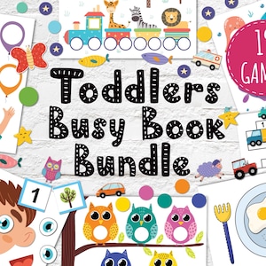 May include: A colourful printable busy book bundle for toddlers with 19 games. The games include matching, counting, and puzzle activities. The book features illustrations of animals, vehicles, food, and other objects.