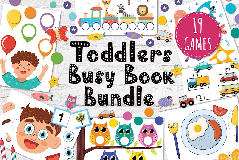May include: A colourful printable busy book bundle for toddlers with 19 games. The games include matching, counting, and puzzle activities. The book features illustrations of animals, vehicles, food, and other objects.