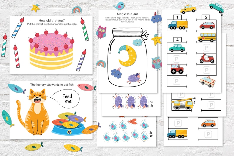 May include: A set of printable activity sheets for kids featuring a birthday cake, a hungry cat, a magic jar, and a car park. The sheets include counting, matching, and sorting activities.