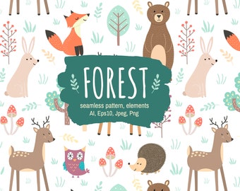 Forest Animals Digital Paper and Clipart - Woodland Cute Baby Animals, Seamless Pattern Wallpaper, Scrapbook Commercial Use Instant Download