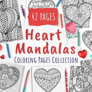Heart Coloring Pages, Printable Adult Coloring Pages, Valentines Day Coloring Activity for Kids, Heart Mandalas Coloring Pages Bundle