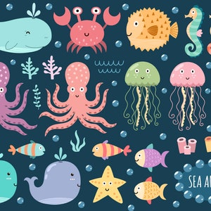 May include: A colourful illustration of sea animals, including a whale, octopus, jellyfish, seahorse, crab, starfish, and fish. The illustration is set against a dark blue background with bubbles and seaweed.