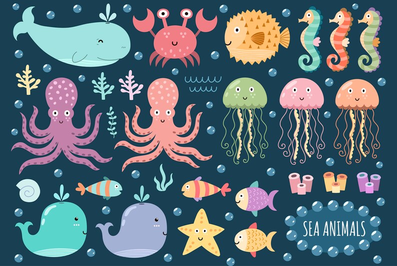 May include: A colourful illustration of sea animals, including a whale, octopus, jellyfish, seahorse, crab, starfish, and fish. The illustration is set against a dark blue background with bubbles and seaweed.