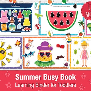 Puede incluir: Un libro de actividades de verano imprimible colorido para ni&ntilde;os peque&ntilde;os con 12 p&aacute;ginas. Las p&aacute;ginas incluyen actividades como hacer la maleta, hacer coincidir los n&uacute;meros, hacer coincidir las semillas de sand&iacute;a y vestirse.