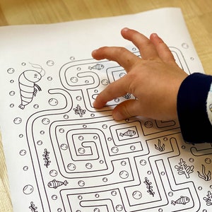 May include: A black and white printable maze activity featuring a shrimp and fish. A child's hand is tracing the maze path.