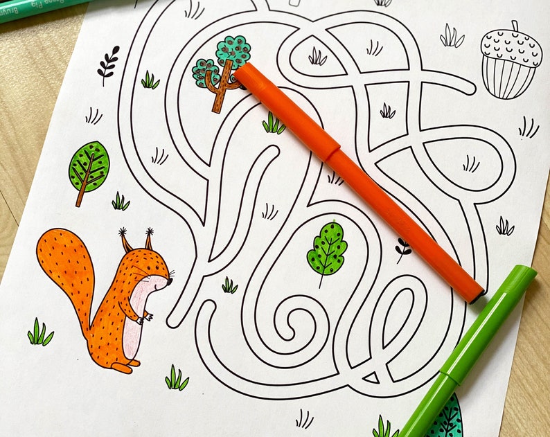 May include: A black and white maze with a squirrel, a tree, and an acorn. The maze is designed for children to help the squirrel find the acorn. The maze is printed on white paper.
