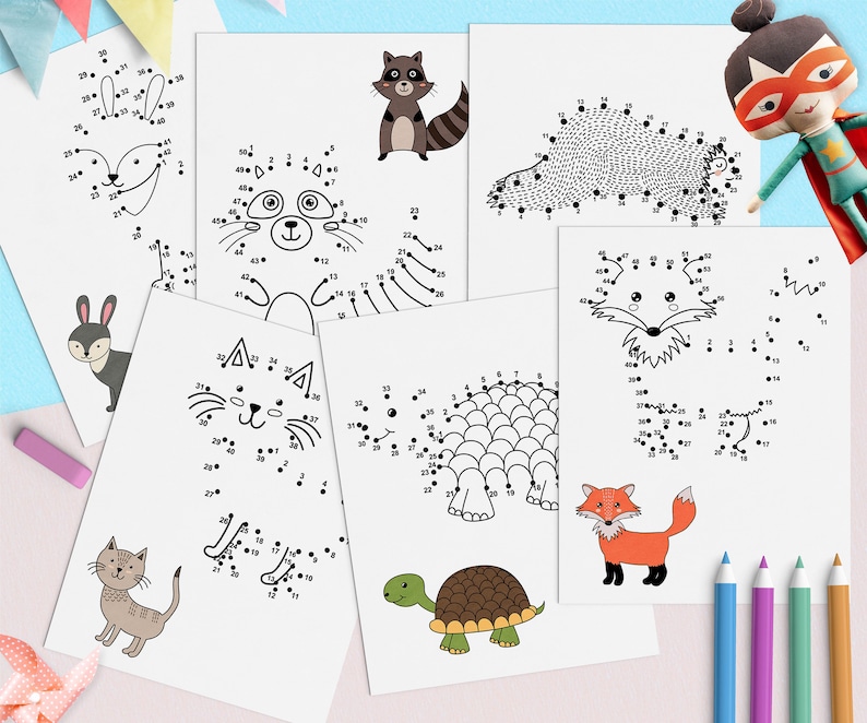 May include: A set of printable dot-to-dot activity sheets featuring various animals, including a fox, a raccoon, a cat, a turtle, a rabbit, and a hedgehog. The sheets are designed for children to connect the dots and reveal the hidden images.