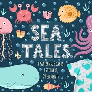 May include: A set of 29 colourful sea creature illustrations, including a whale, jellyfish, octopus, crab, and fish. The illustrations are perfect for creating cards, stickers, and patterns. The text "SEA TALES" is featured in the centre of the image.  3 patterns, 6 cards, 9 stickers, 29 elements.