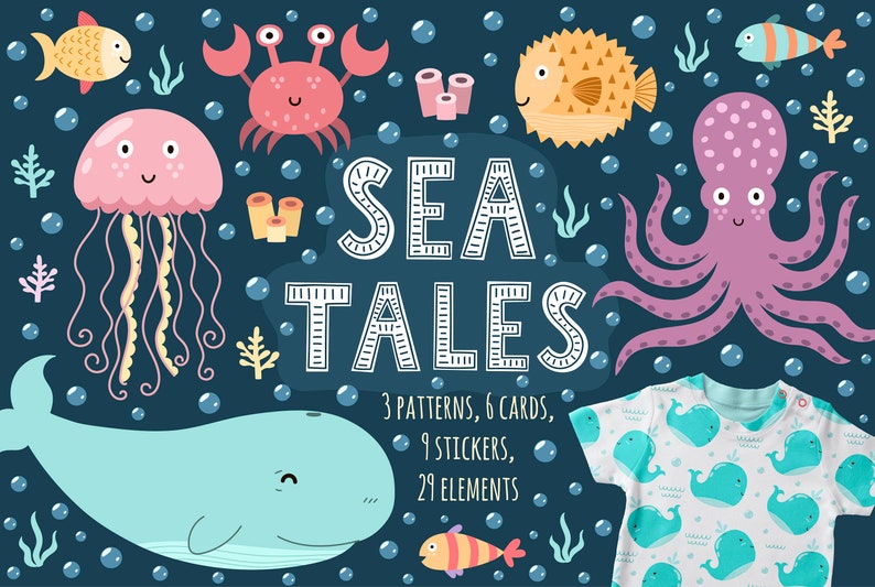 May include: A set of 29 colourful sea creature illustrations, including a whale, jellyfish, octopus, crab, and fish. The illustrations are perfect for creating cards, stickers, and patterns. The text "SEA TALES" is featured in the centre of the image.  3 patterns, 6 cards, 9 stickers, 29 elements.