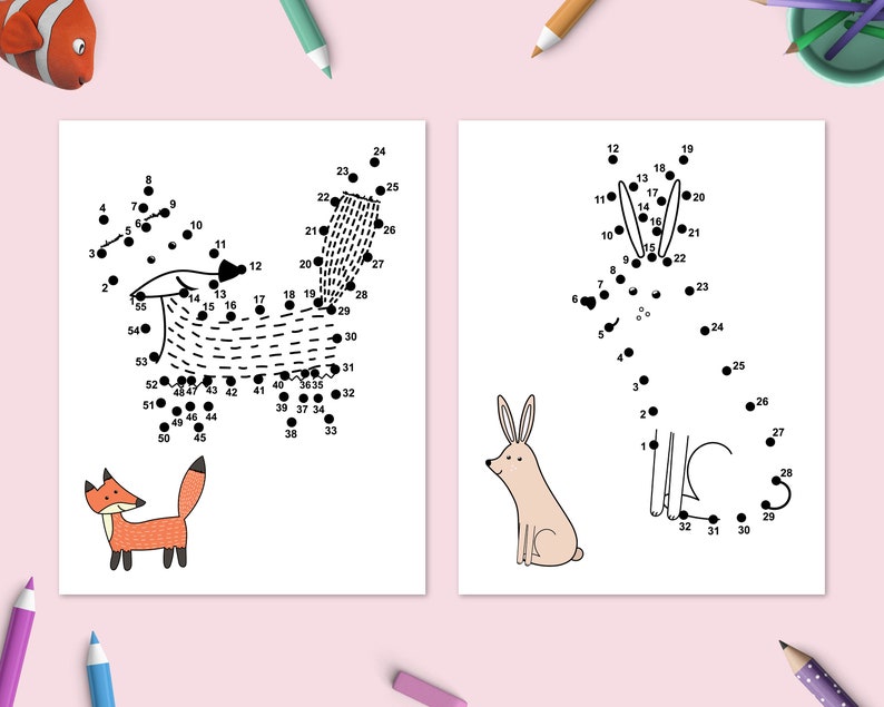 Dot to Dot Book with Forest Animals, Printable Puzzle Connect the Dots, Join Numbers Worksheets, Learning Games Children Workbook image 2