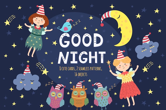 Good Night Clipart / Eps, Ai, Png, Jpeg / Digital Paper / Nursery Wall Art  / Vector Seamless Pattern / Owls, Fairies, Moon and Clouds - Etsy Israel