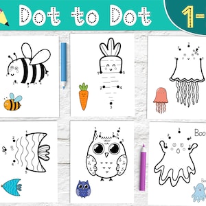 6 Dot to Dot Printable Coloring Activities PDF, Super Simple Pages 1-5 Dots for Beginners, Connect Numbers Games, Easy Puzzles for Toddlers