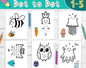 6 punt-tot-punt afdrukbare kleuractiviteiten PDF, supereenvoudige pagina's 1-5 punten voor beginners, verbindingsspellen, eenvoudige puzzels voor peuters