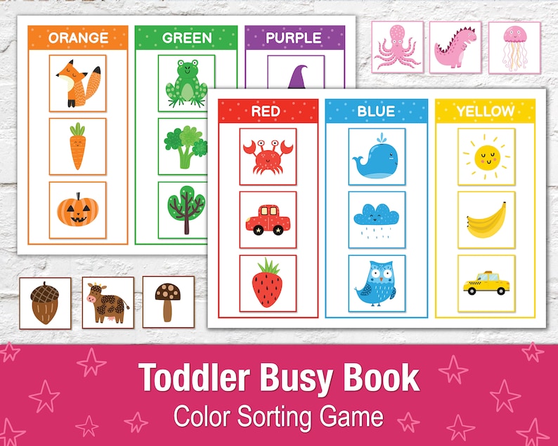 May include: A colorful toddler busy book with a color sorting game. The book features illustrations of objects in orange, green, purple, red, blue, and yellow. The text "Toddler Busy Book Color Sorting Game" is displayed at the bottom.
