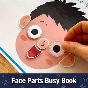 Página de libro ocupada de partes de la cara, hoja de trabajo de coincidencia de partes de la cara para niños pequeños, página de carpeta de aprendizaje de partes de la cara libro tranquilo juego imprimible en casa