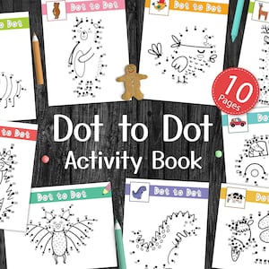 Op de afbeelding: Een zwart-wit activiteitenboek met 10 pagina's met punt-naar-punt puzzels met dieren en voertuigen. De omslag toont een kat, een beer, een hert, een auto en een draak.