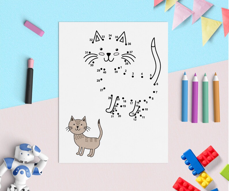 May include: A black and white connect-the-dots activity sheet featuring a cat. The numbers 1 through 40 are scattered around the outline of the cat. A completed image of a brown cat is shown below the connect-the-dots activity.