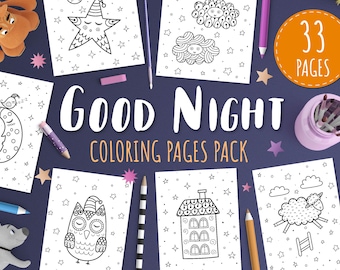 33 Printable Coloring Pages for Kids A4, Good Night Fantasy Coloring Book PDF for Adults and Children, Kids Activities, Digital Download