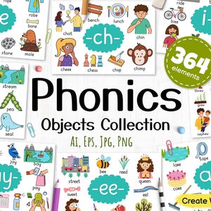 Könnte beinhalten: Eine Sammlung von Phonics-Lernkarten mit farbenfrohen Illustrationen. Jede Karte zeigt einen anderen Vokal, wie "-ea" und "-ee", mit entsprechenden Bildern wie "pea" und "bee". Das Bild enthält auch den Text "Phonics Objects Collection".