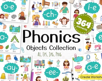 Phonics Objects Clipart Collection, Phonics Clip Art Graphics for Teaching Materials, Phonics Activity Book, Phonics Worksheets for School
