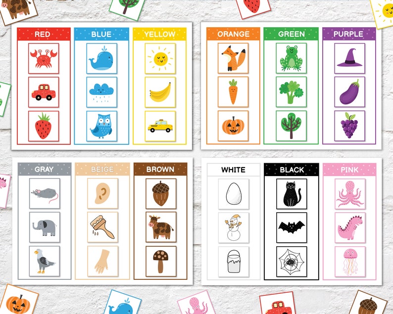 May include: Educational color learning flashcards featuring illustrations of objects in red, blue, yellow, orange, green, purple, gray, beige, brown, white, black, and pink. Each card displays a color and three corresponding images.