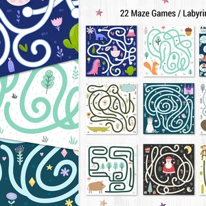 May include: A set of 22 colorful maze games or labyrinths featuring various animals and characters. The mazes are set against a variety of backgrounds, including forests, deserts, and winter scenes.