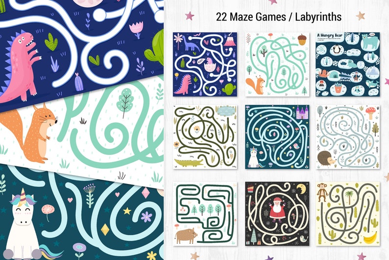 May include: A set of 22 colorful maze games or labyrinths featuring various animals and characters. The mazes are set against a variety of backgrounds, including forests, deserts, and winter scenes.