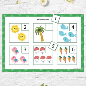 Puede incluir: Una hoja de trabajo imprimible con ilustraciones coloridas de soles, palmeras, p&aacute;jaros, paraca&iacute;das, conos de helado y ballenas. La hoja de trabajo est&aacute; dise&ntilde;ada para ayudar a los ni&ntilde;os a aprender a contar del 1 al 6. El texto "&iquest;Cu&aacute;ntos?" est&aacute; en la parte superior de la hoja de trabajo.