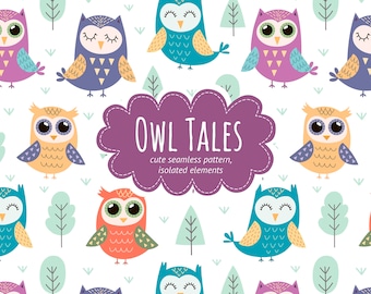 Owls Digital Paper and Clipart - Cute Animals Seamless Patterns, Clip art, Baby Shower, Scrapbook, Commercial Use, Instant Download