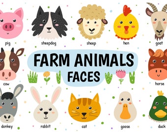 Farm Animal Faces Clipart SVG PNG Eps, Cute Farm Animals Avatars Set, Nursery Print, Pig Sheep Cow Horse Clipart, Farm Animals Digital Paper