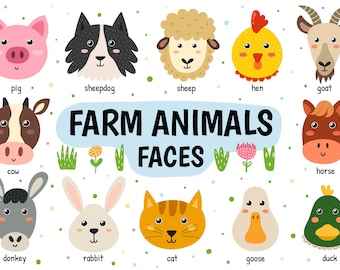 Farm Animal Faces Clipart SVG PNG Eps, Cute Farm Animals Avatars Set, Nursery Print, Pig Sheep Cow Horse Clipart, Farm Animals Digital Paper