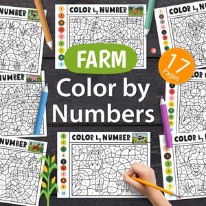 Farm Color by Number Worksheets PDF, Farm Coloring Book for Kids, Printable Activity Book, Color by Number for Toddlers, Homeschool