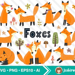 Fox Clipart PNG Eps Set - lindos animales del bosque - Vector imprimible, vivero Clip art, Zorros del bosque, Uso comercial - Descarga digital