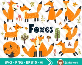 Fox Clipart PNG Eps Set - Cute forest animals - Vector Printable, Nursery Clip art, Woodland Foxes, Commercial Use - Digital Download