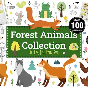 Forest Animals Clipart Collection, Woodland Animals Graphics, Nursery Animals Clip Art PNG, Forest Prints Seamless Patterns, Commercial Use