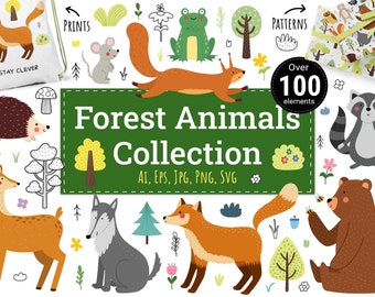 Forest Animals Clipart Collection, Woodland Animals Graphics, Nursery Animals Clip Art PNG, Forest Prints Seamless Patterns, Commercial Use